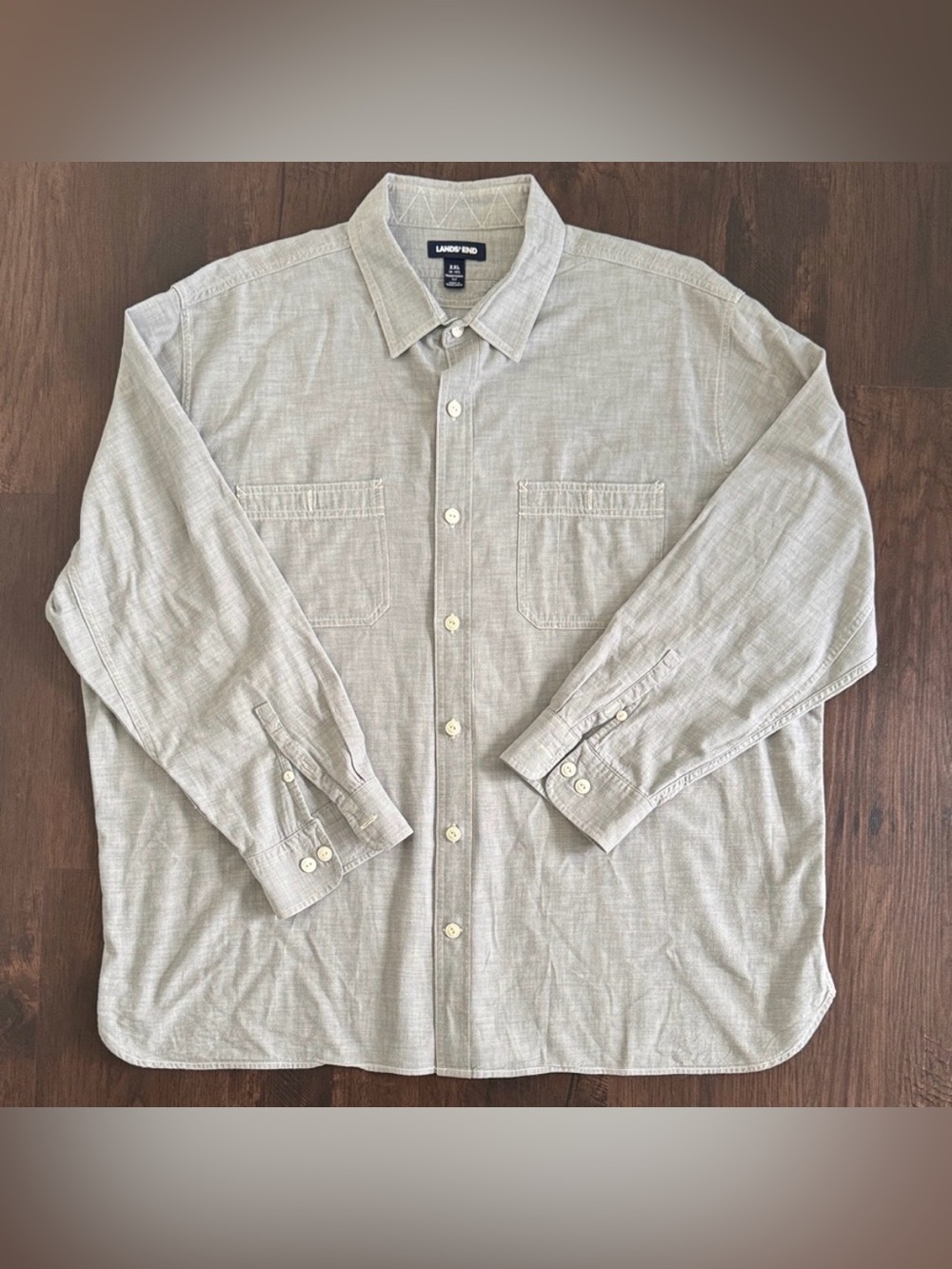 LANDS END MENS BUTTON DOWN SHIRT TRADITIONAL FIT GRAY COTTON POCKETS SIZE XXL